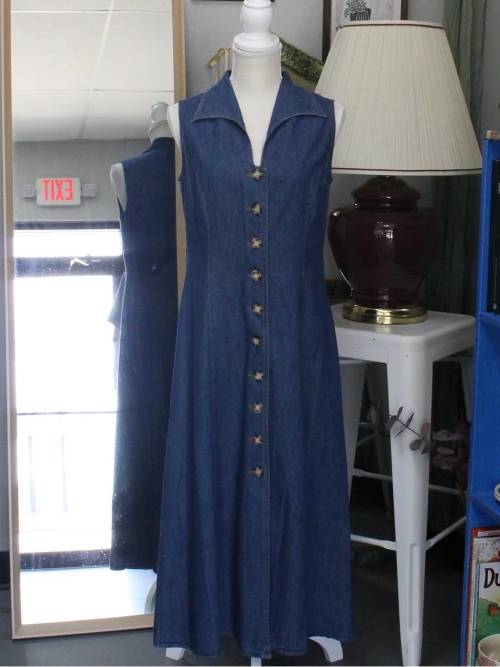 Sleeveless Button-Front Denim Maxi Dress - Deep Blue